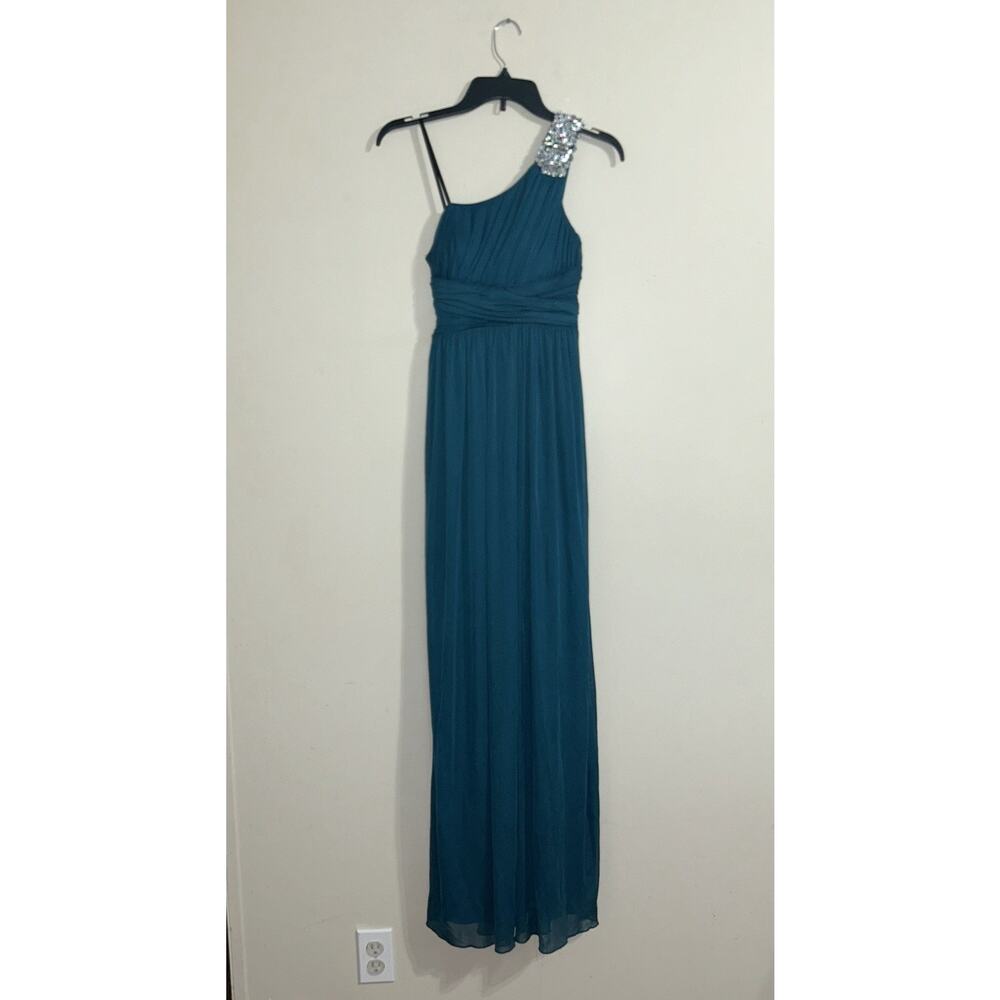 Way-In Clothing Co. One Shoulder Rhinestones Teal Long Women Dress Size Small